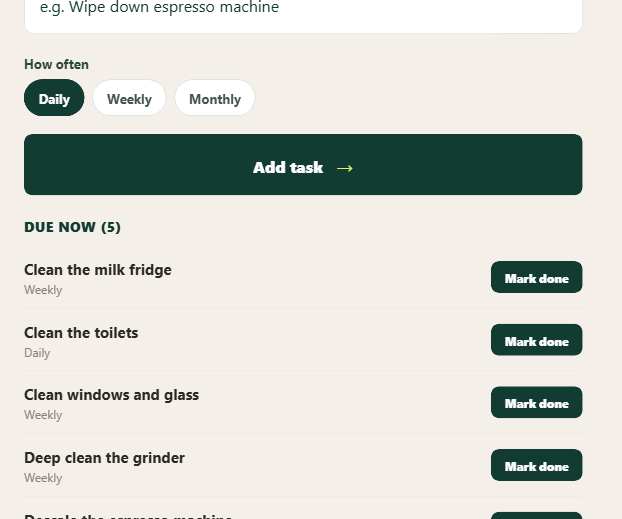 Cleaning checklist screen showing five due tasks with a Mark done action for each