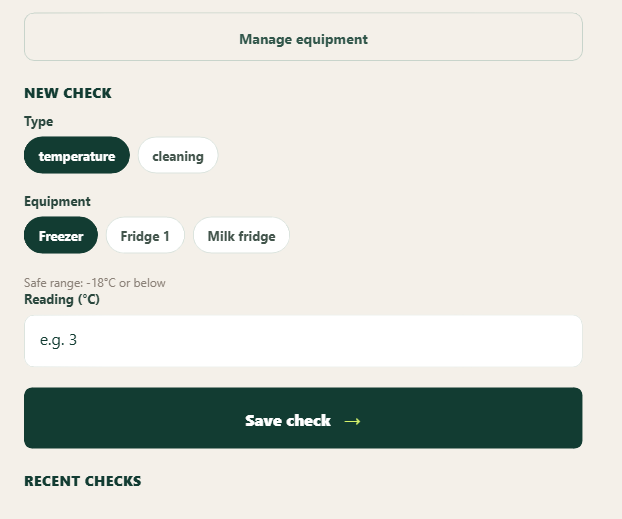 Food safety screen showing fridge and freezer temperature checks logged against safe ranges